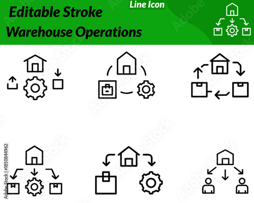 A modern warehouse operations icon. Featuring a storage building with stacked boxes shelves pallets. Combined with simple arrows to indicate movement and logistics. Designed with clean minimal lines.