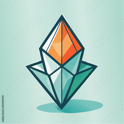 Stylized illustration of a gem or crystal with orange and teal facets on a teal background.