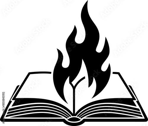 Open book with flame concept. Book burning or knowledge illustration. Simple black and white vector symbol for education, religion, censorship, or protest design