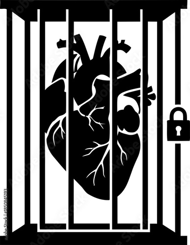 Heart locked in a cage with a padlock, representing emotional imprisonment or a medical condition. Vector illustration