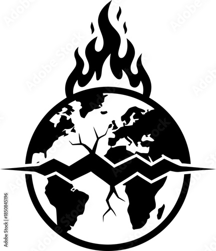 Earth globe in a fire with a crack across its surface. Planet in danger and global warming concept. Black and white vector illustration for print, banner, icon, poster