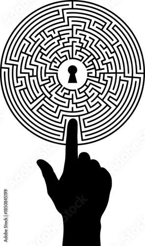 Finger pointing at a circular maze with a keyhole at its center. Problem solving and solution concept. Vector illustration for business design