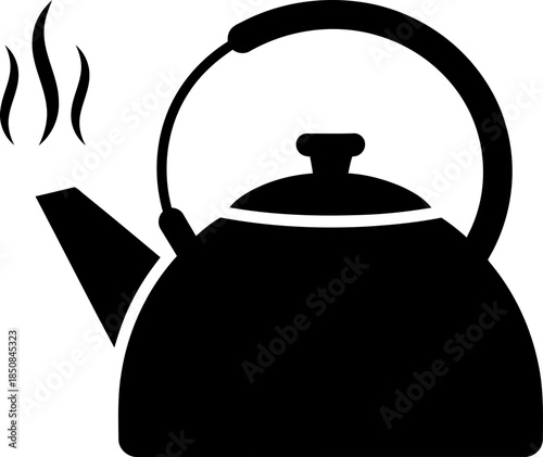 Black hot boiling kettle icon. Drink preparation household appliance symbol. Simple graphic sign. Flat vector illustration for web design