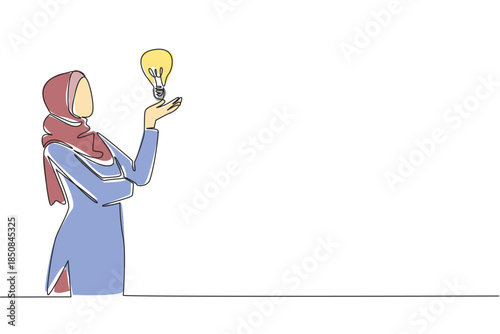 Continuous one line drawing Arab woman raises and open palm with lightbulb floats above palm. Think seriously for the best solution National Creativity Day. Single line draw design vector illustration