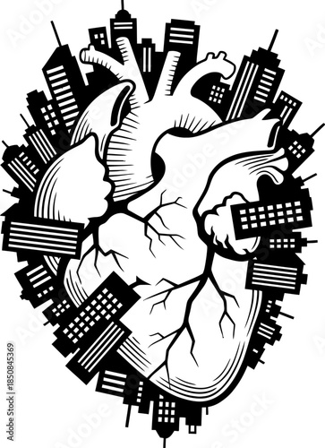 Human heart with city skyline buildings surrounding it, urban life concept. Heart health symbol in black and white style. Vector illustration for grunge art