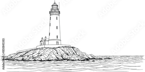 Scenic lighthouse on a rocky island ocean waves background detailed nautical line art vector illustration for coastal travel and marine concepts.