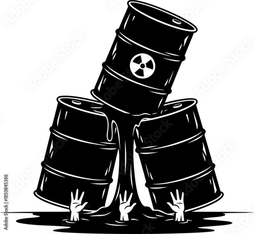 Three black hazardous waste barrels stacked, leaking toxic liquid over trapped human hands. Ecological disaster concept. Vector illustration