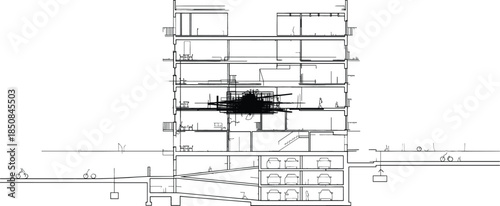 Technical architectural cross section of modern building showing interior floor structure and multi level underground parking garage.