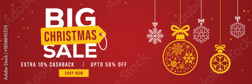 Festive red Christmas sale banner with hanging snowflake ornaments, bold Big Christmas Sale text, extra 10% cashback and up to 50% off offer, modern holiday shopping promotion background.