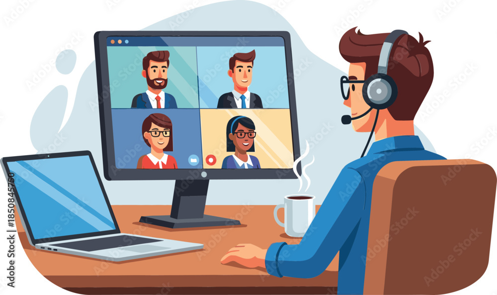 Fototapeta premium Vector Illustration of a Man in a Headset Attending a Multi-Person Video Conference or Virtual Team Meeting from his Home Office.