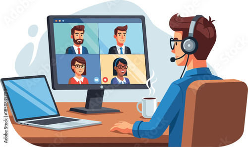Vector Illustration of a Man in a Headset Attending a Multi-Person Video Conference or Virtual Team Meeting from his Home Office.