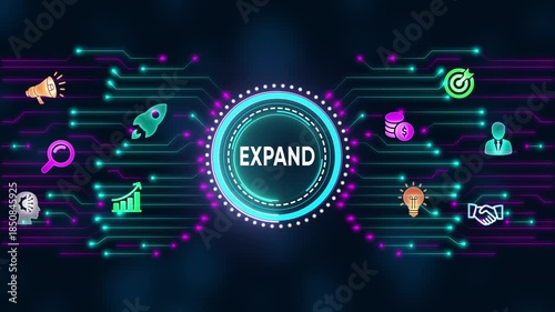 Digital circuit board with glowing neon lines and icons representing business concepts like expand technology