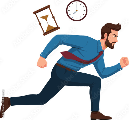 Vector Illustration of a Stressed Businessman Running Urgently to Meet a Deadline Against a Clock and Hourglass Symbolizing Time.