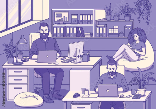 Vector Illustration of Modern Hybrid Office with People Working on Laptops, Relaxing on Beanbag Chairs, and Surrounded by Plants.
