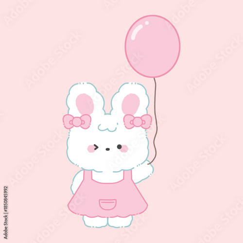 A little rabbit wearing a dress and holding a pink balloon