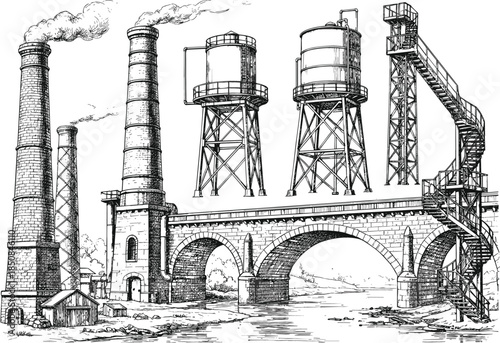 Vintage engraving of industrial factory chimneys and tall water tanks built upon a stone arch bridge, symbolizing old-world manufacturing infrastructure.