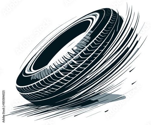  Swirling tire in motion creates a sense of speed and energy. Ideal for automotive, performance, and technology themes, conveying motion, dynamics, and rapid movement
