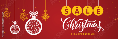 Festive red Christmas sale banner with hanging snowflake ornaments, bold Big Christmas Sale text, extra 10% cashback and up to 50% off offer, modern holiday shopping promotion background.