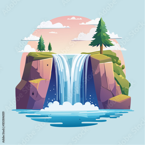 Scenic waterfall cascading over rocks with trees and a pastel sky.
