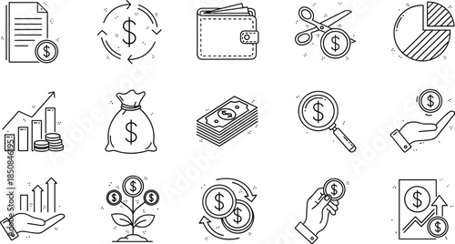Financial investment line icon set featuring money bag, wallet, growth charts, currency exchange, magnifying glass, dollar coins, and saving concepts.