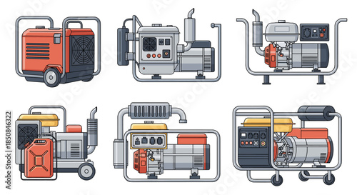 Set of industrial portable power generators in different designs and colors for emergency backup electricity and outdoor job site use.
