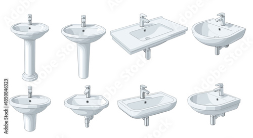 Collection of modern white bathroom ceramic washbasins and sinks with chrome faucets in various shapes for interior design projects.