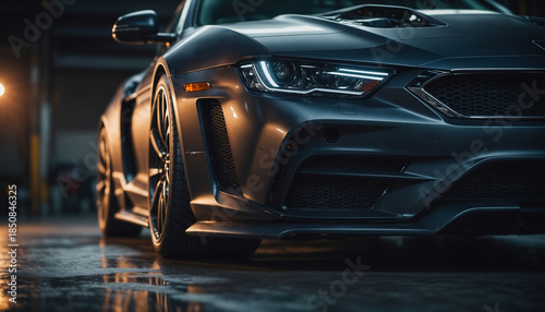 Aggressive Sports Car Front View on Wet Street at Night