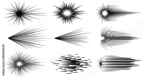 Variety of black and white comic book style speed lines, explosions, and starburst effects for dynamic graphic design and manga art.