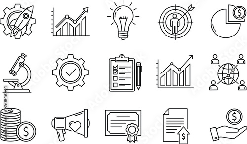 Business startup line icon set featuring rocket launch, growth charts, lightbulb idea, target audience, marketing megaphone, financial data, and certificate.