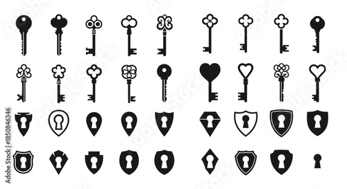 Variety of key and keyhole shield icons in black silhouette style including antique, ornate, and modern designs for security concepts.