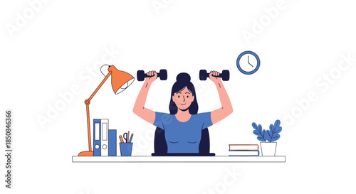 Healthy young woman taking a break to exercise with dumbbells at her desk in a home office or workplace to maintain fitness and wellness.