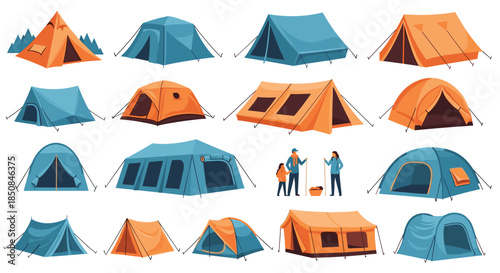Comprehensive set of different camping tents in various styles, sizes, and colors for outdoor adventure, hiking, and family vacations.