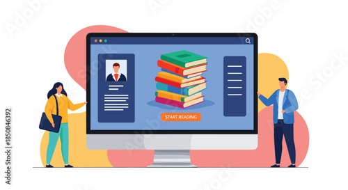 Modern e-learning concept showing two people standing next to a large computer screen displaying a stack of books and a user profile.