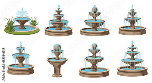 Collection of ornate multi-tiered classical garden fountains with flowing water for park and landscape architecture design projects.