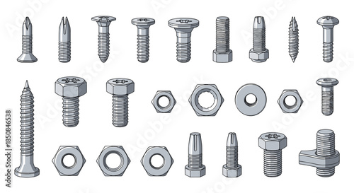 Large variety of industrial metal bolts, screws, nuts, and washers in different sizes and heads for hardware and construction work.