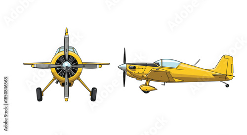Front and side view of a classic yellow single-engine propeller airplane designed for light sports or agricultural aviation use.