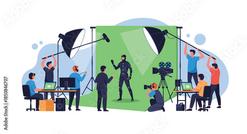 Professional film production crew working on a movie set with a motion capture actor and green screen background in a high-tech studio.