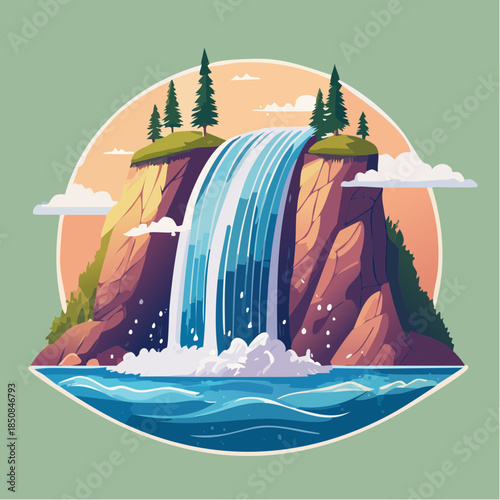A vibrant cartoon illustration of a waterfall cascading from a cliff into a pool of water.
