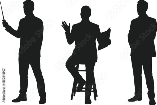 Black silhouette businessman set presentation speaker and teacher poses vector illustration corporate office design graphic element isolated