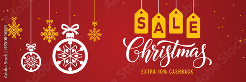 Festive red Christmas sale banner with hanging snowflake ornaments, bold Big Christmas Sale text, extra 10% cashback and up to 50% off offer, modern holiday shopping promotion background.