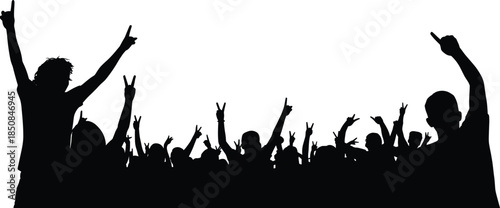 Black silhouette crowd of people with raised hands cheering at music concert festival celebration party vector illustration graphic design background