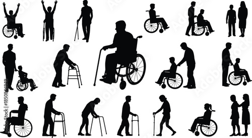 Black silhouette disabled people set with wheelchair walker and cane vector illustration healthcare medical accessibility concept design graphic element isolated