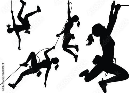 Black silhouette female rock climber set with safety rope woman athlete hanging poses vector illustration extreme sport adventure concept design graphic