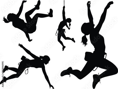 Black silhouette female rock climber set woman athlete bouldering wall hanging poses vector illustration sport activity extreme adventure concept design