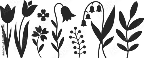 Black silhouette flower set tulip bellflower and lily of the valley vector illustration spring nature garden decoration graphic element