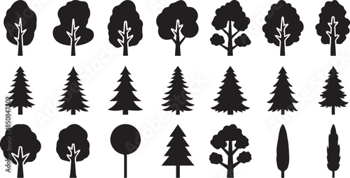 Diverse collection of minimalist tree silhouette icons in an orderly arrangement for graphic design purposes