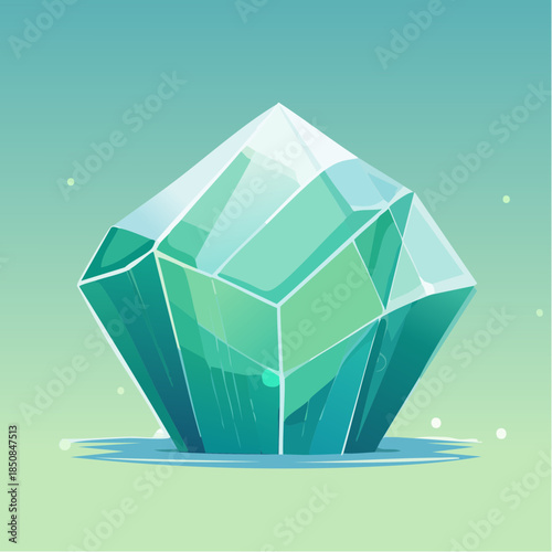 A cartoon illustration of a large, clear, multifaceted crystal with a light green hue, resting on a reflective surface.