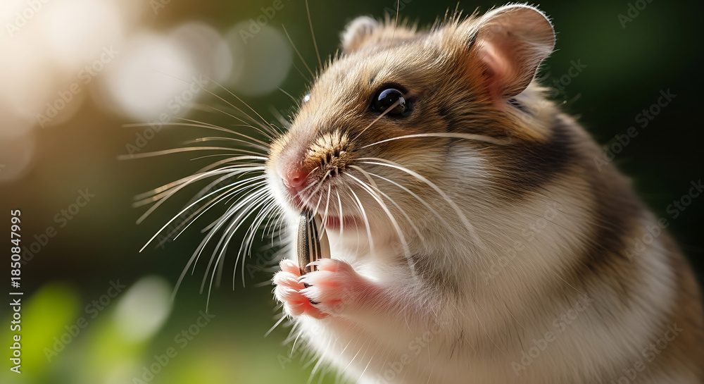 Obraz premium Small Rodent Eating Seed in Bright Outdoor Setting