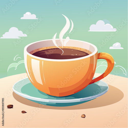 Illustration of a steaming cup of coffee on a saucer with a bright, cheerful aesthetic.