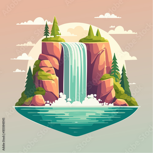 Cartoon illustration of a waterfall cascading into a pool of water surrounded by trees and rocks.